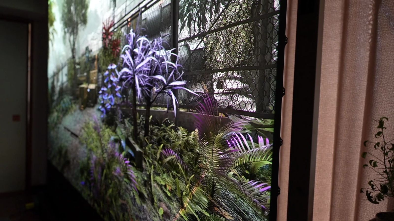 斜め横から見たALRスクリーン。植物や緑の映像が色あせずに映る