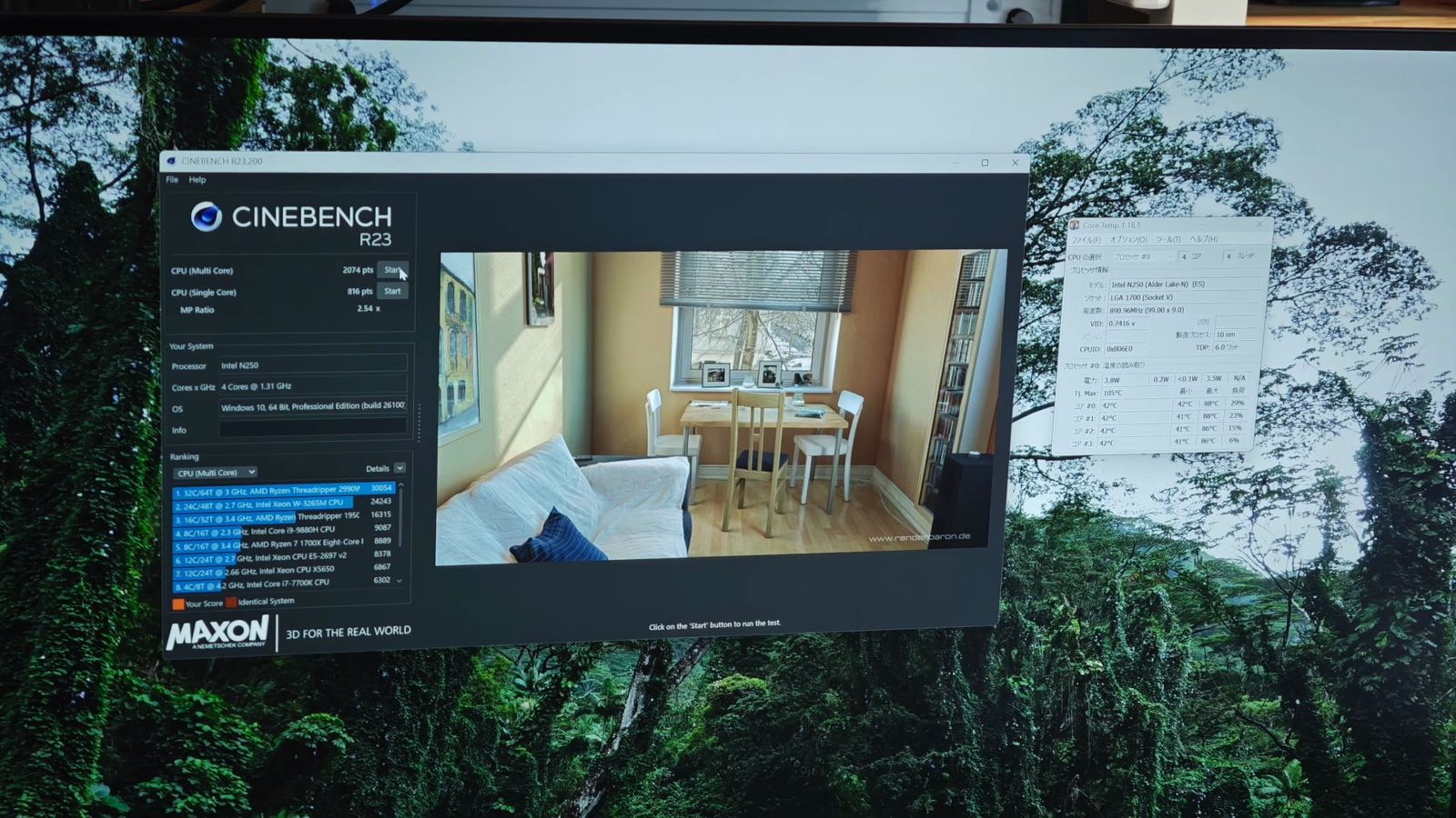 Cinebench R23の結果画面。マルチ2074・シングル816と表示