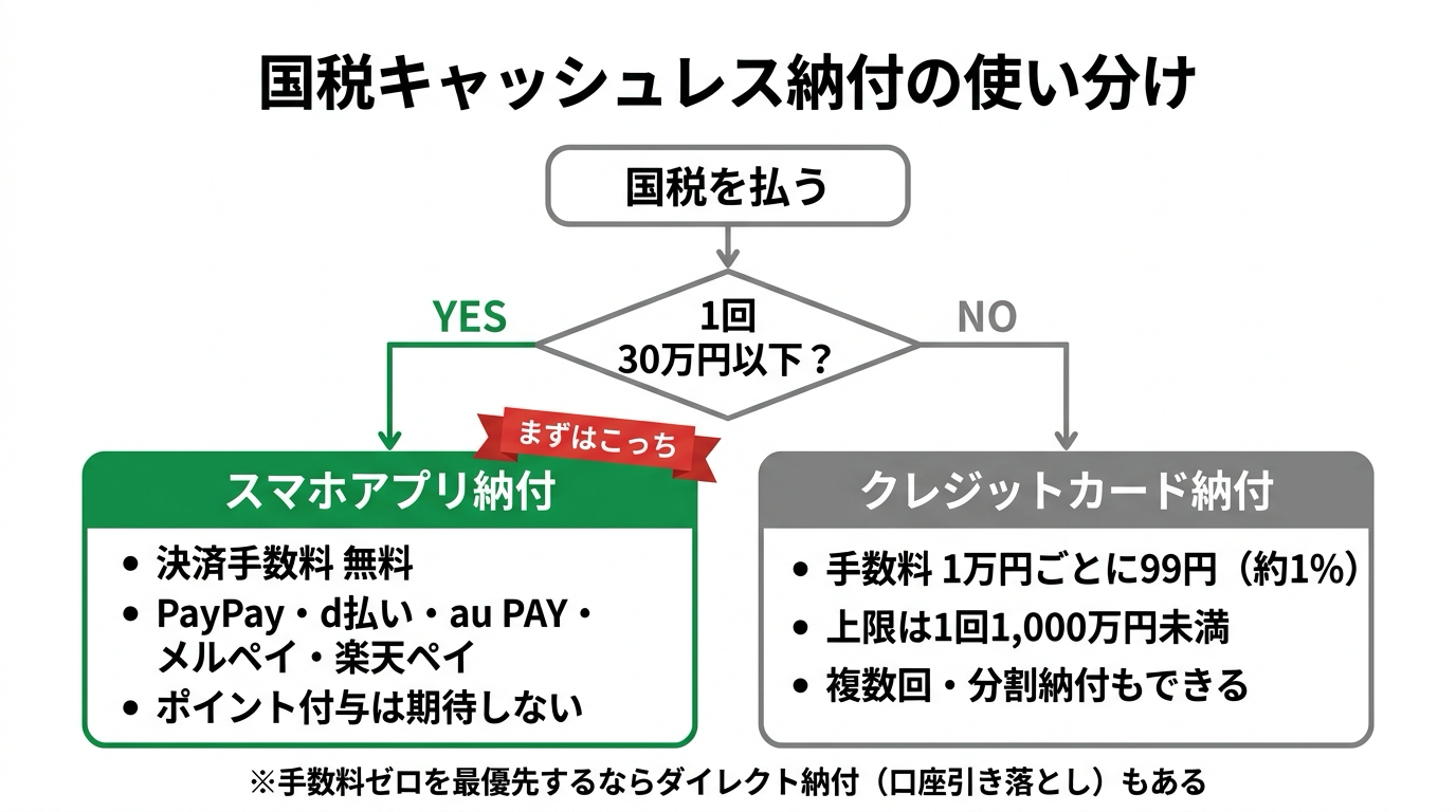 国税キャッシュレス納付の使い分けフローチャート。30万円以下はスマホアプリ納付、超えたらクレジットカード納付