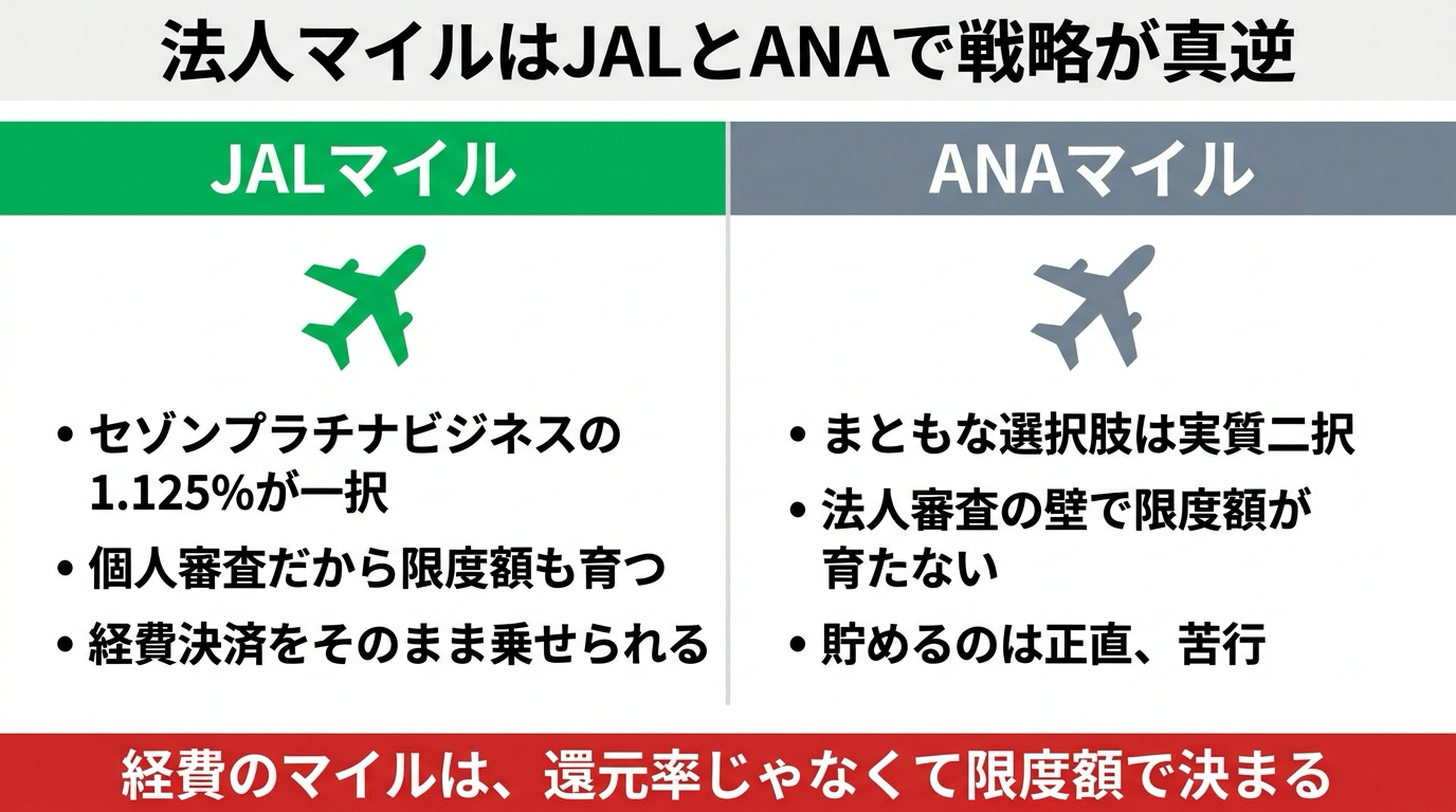 法人マイルはJALとANAで戦略が真逆。JALはセゾンプラチナビジネス一択、ANAは法人審査の壁で苦行