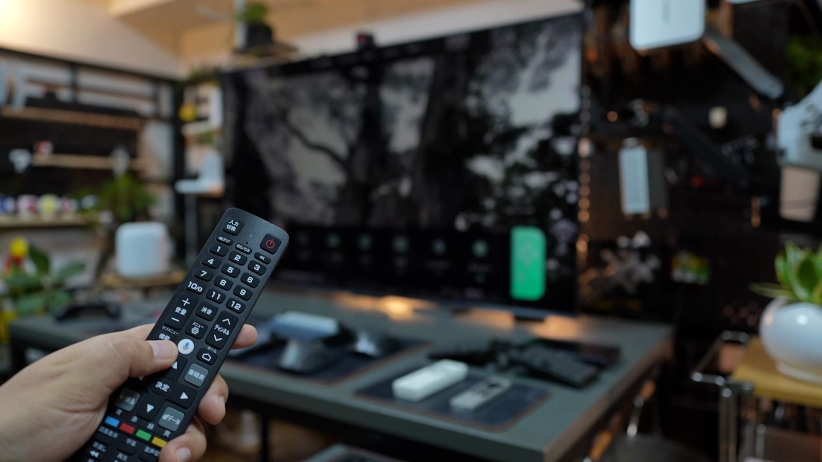 手に持ったTCL付属リモコン。上部のボタン列とカラーボタンが見え、背景のテレビ画面はぼけている