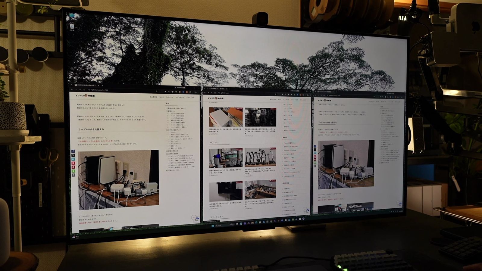 55型テレビの画面上部に横長の写真、下部に同じウェブサイトを3列並べて表示した実画面。手前のデスクにキーボードが並ぶ