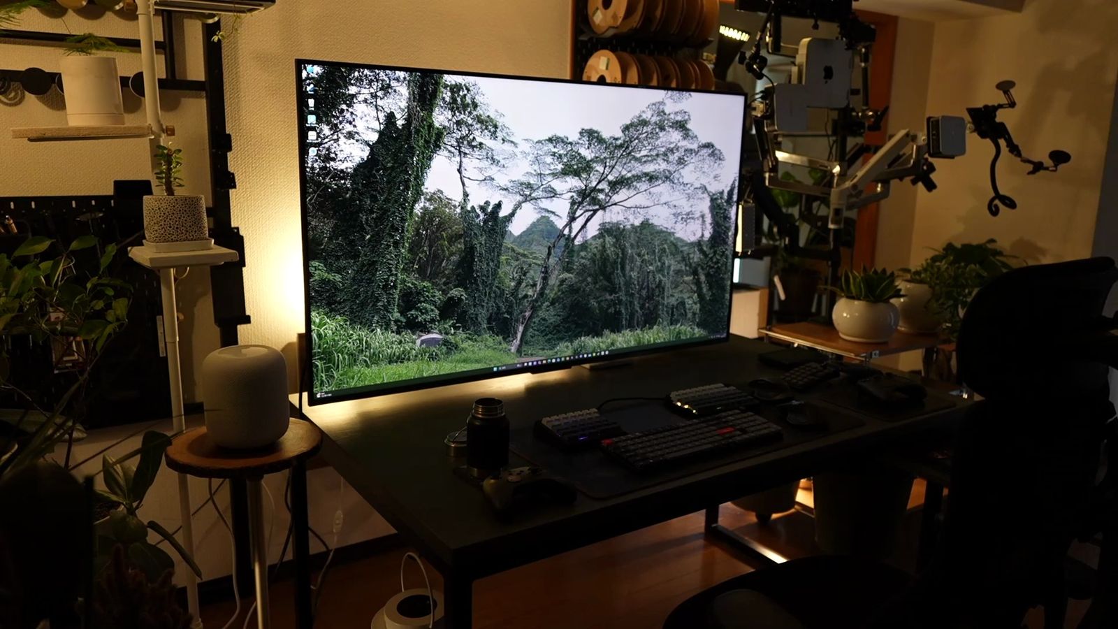 55型テレビ1台だけを置いたデスクの引き画。画面には緑の森と山の風景が表示され、手前にキーボードが並び、周囲に追加のモニターがない
