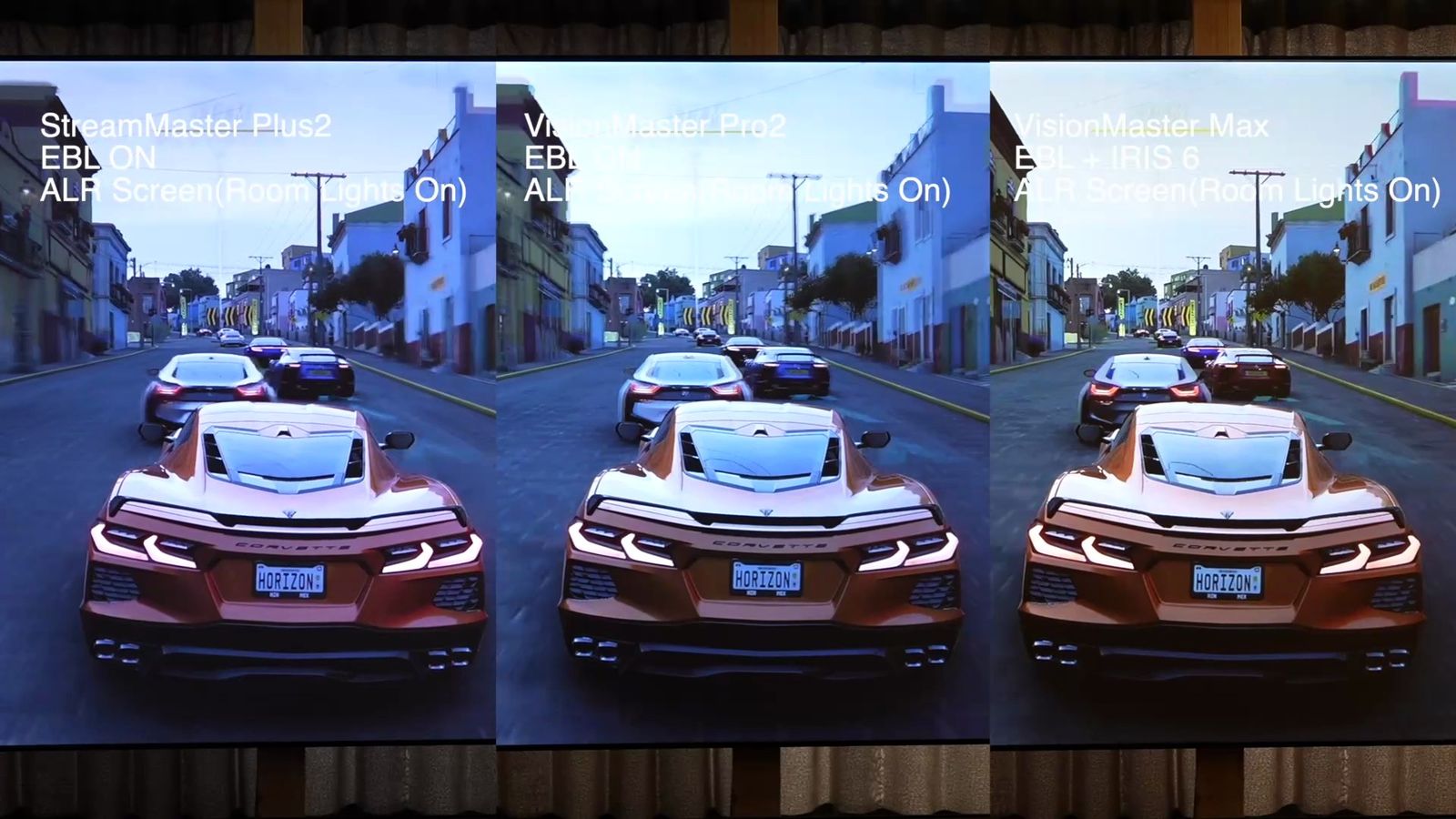 3分割画面で3モデルの投影映像を並べたレーシングゲーム比較