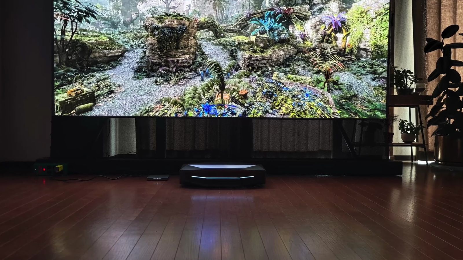 暗くした部屋で、スクリーンの手前に置いた本体から森の映像を投影したところ