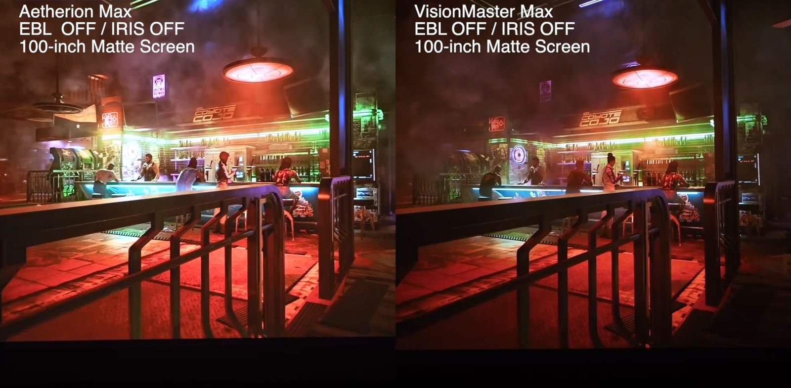 左にAetherion Max、右にValerion VisionMaster Maxの映像を並べた比較画像。どちらもEBLとアイリスはOFF、100インチのマットスクリーン