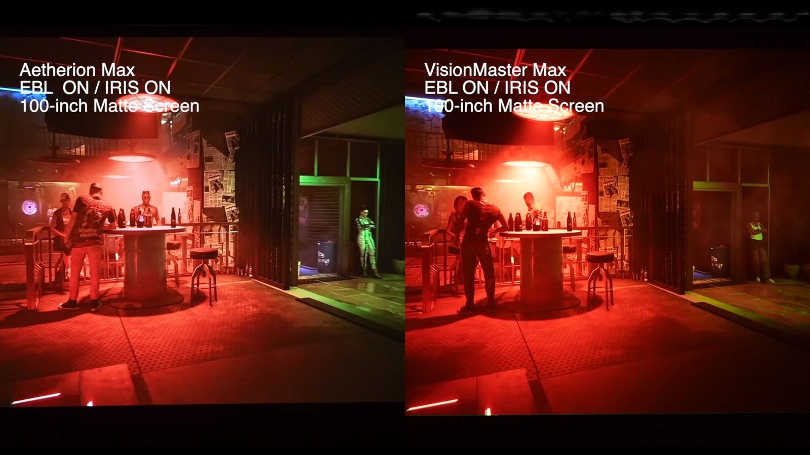 EBLとアイリスをONにした赤い照明のバーのシーンの比較画像（左がAetherion Max、右がVisionMaster Max）