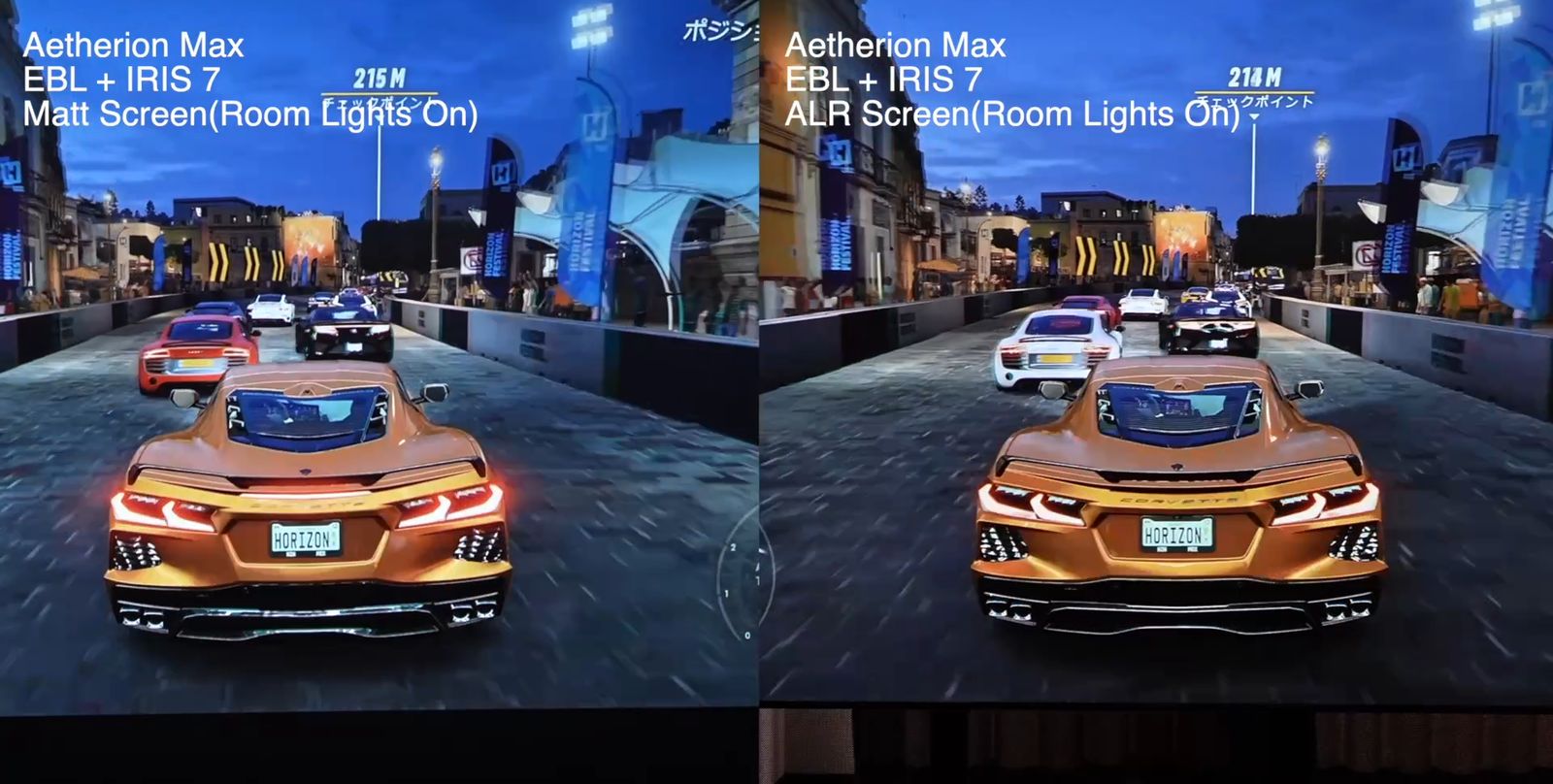 照明をつけた部屋で、左はマットスクリーン、右はALRスクリーンに投影したレースゲームの比較画像（どちらもAetherion Max、EBL＋アイリス7）