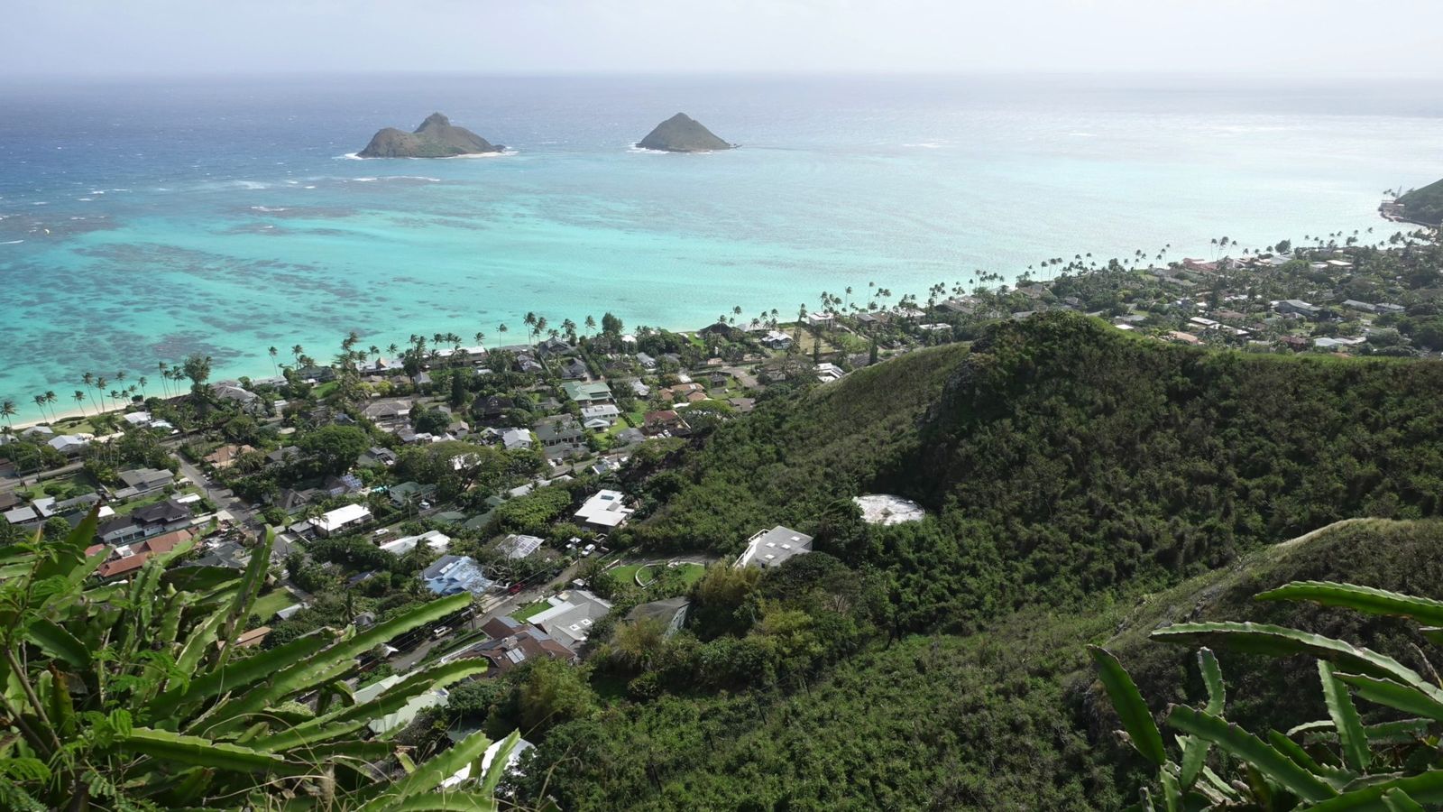 高台から見たカイルアの海と住宅地。沖に2つの小島