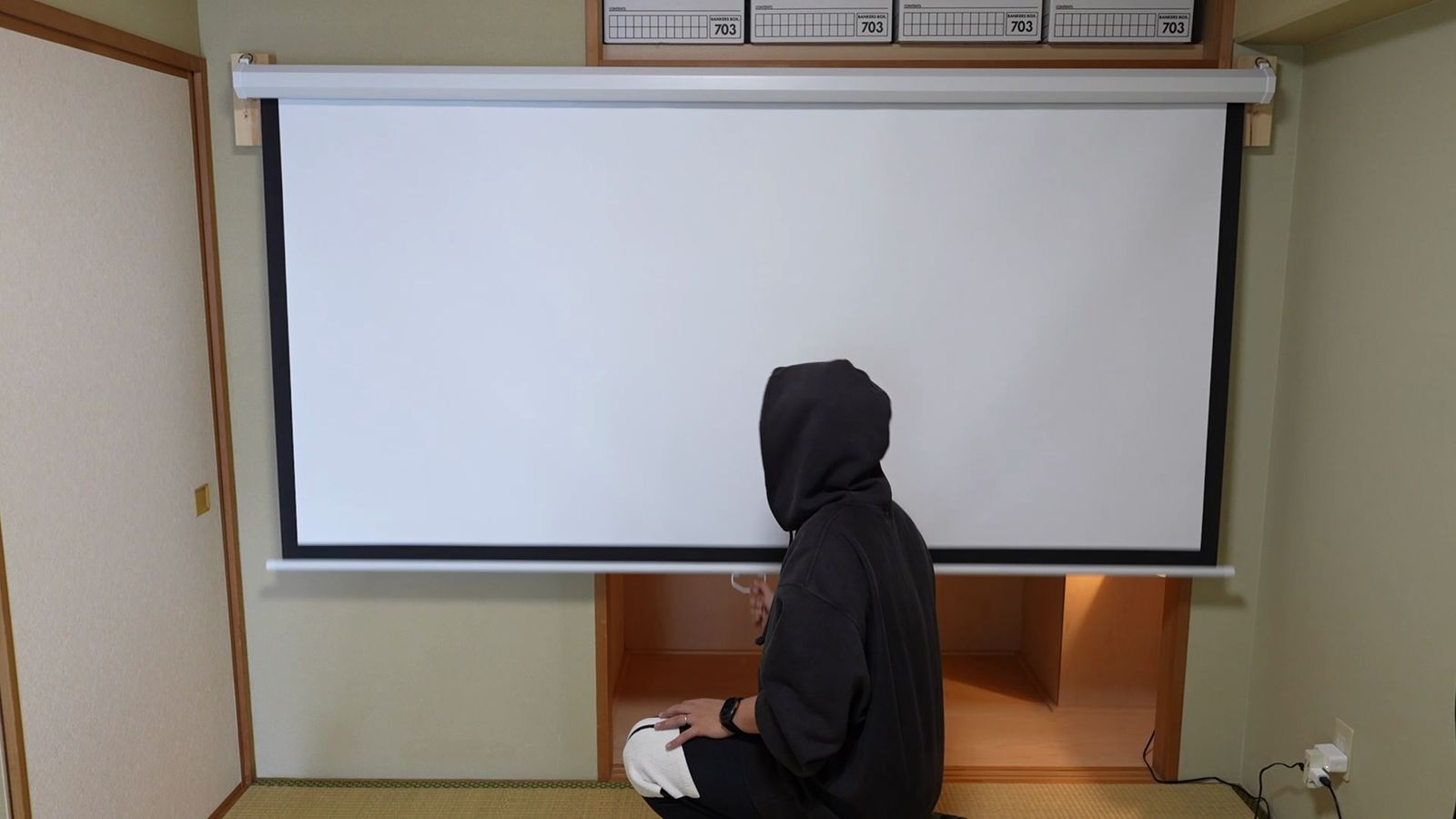 和室の天井付近から下ろした白い吊り下げスクリーン