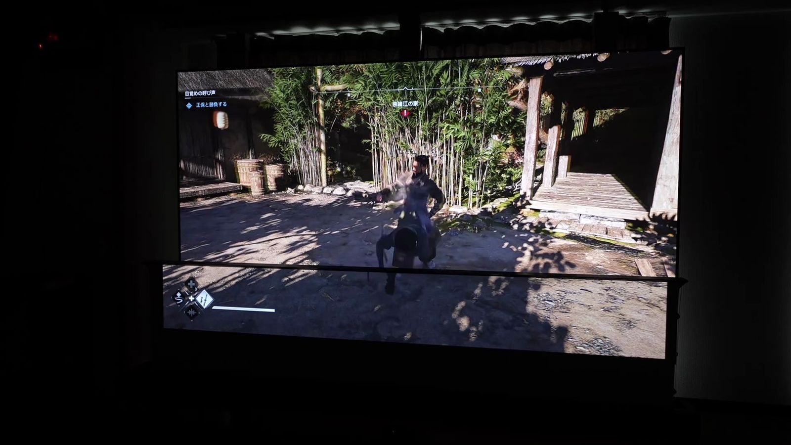 照明を落とした部屋で、上下に並べたスクリーンに同じゲームを投影したところ