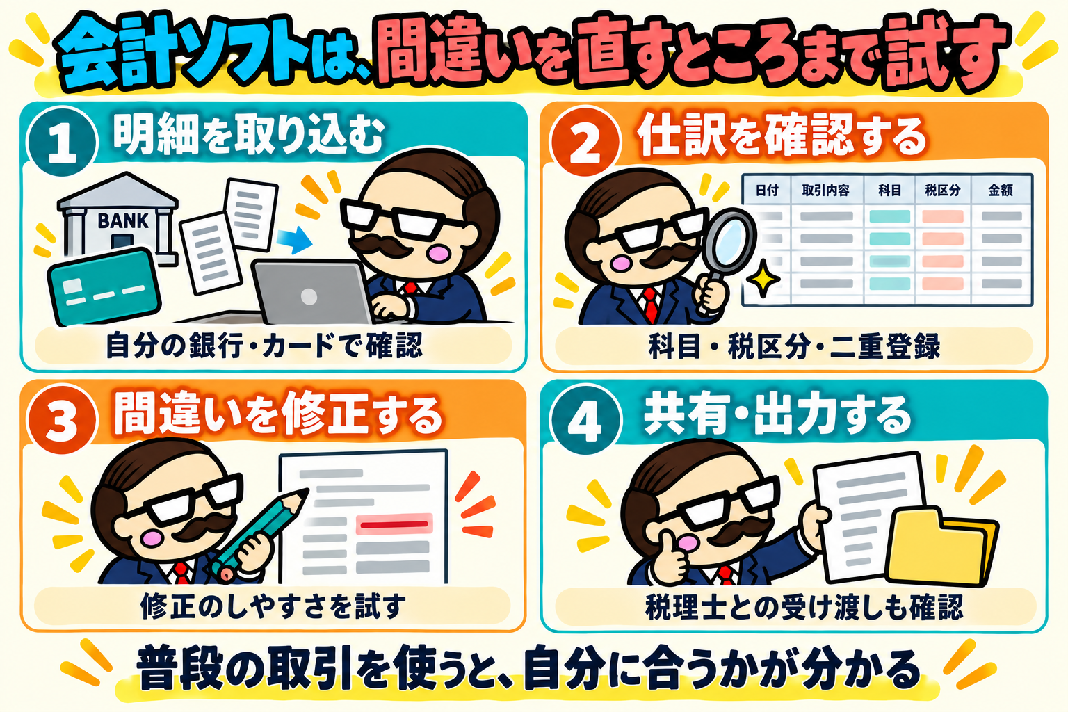新谷キャラが、明細取り込み、科目や税区分と二重登録の確認、間違いの修正、税理士との共有や出力の4項目を説明する図