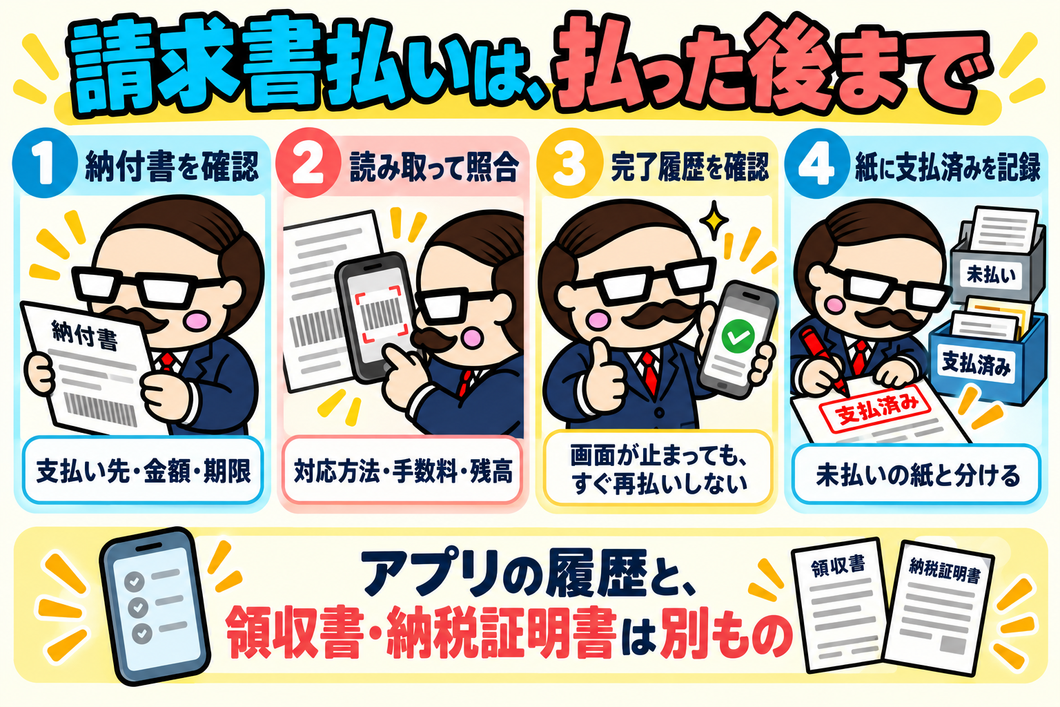 納付書の確認、読み取りと照合、完了履歴の確認、紙への支払済み記録の4段階。アプリ履歴と領収書や納税証明書は別物。