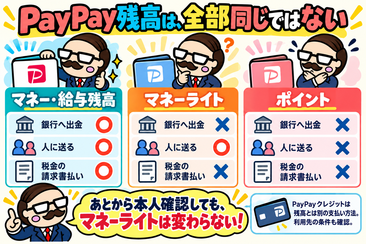 PayPayマネーと給与残高、マネーライト、ポイントを、銀行への出金、人への送金、税金の請求書払いで比較した図。マネーライトは後から本人確認しても変わらない。