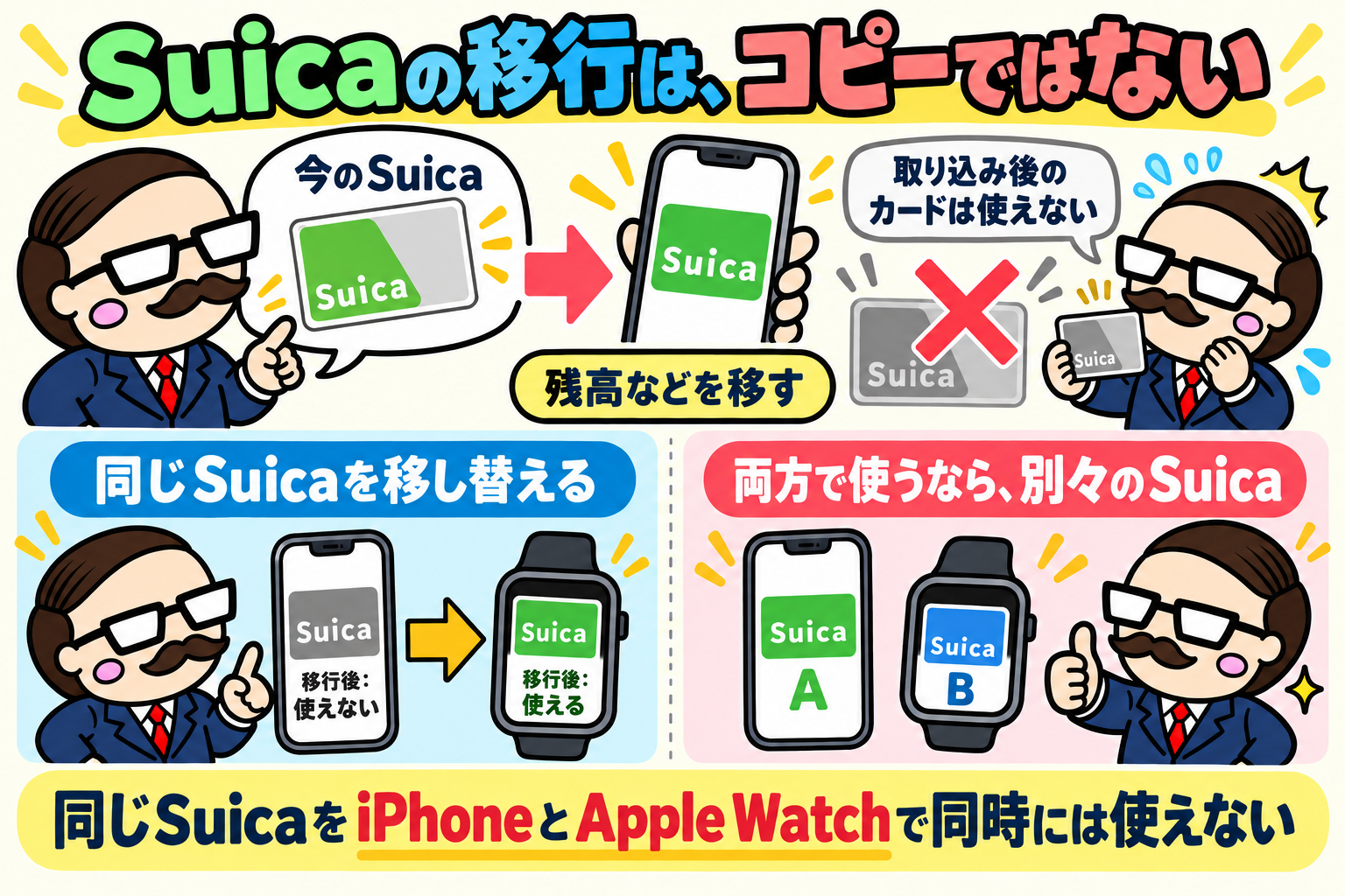 Suicaの取り込み後は元のカードが使えなくなり、同じSuicaはiPhoneとApple Watchで同時に使えない。両方で使う場合は別々のSuicaを用意する図。