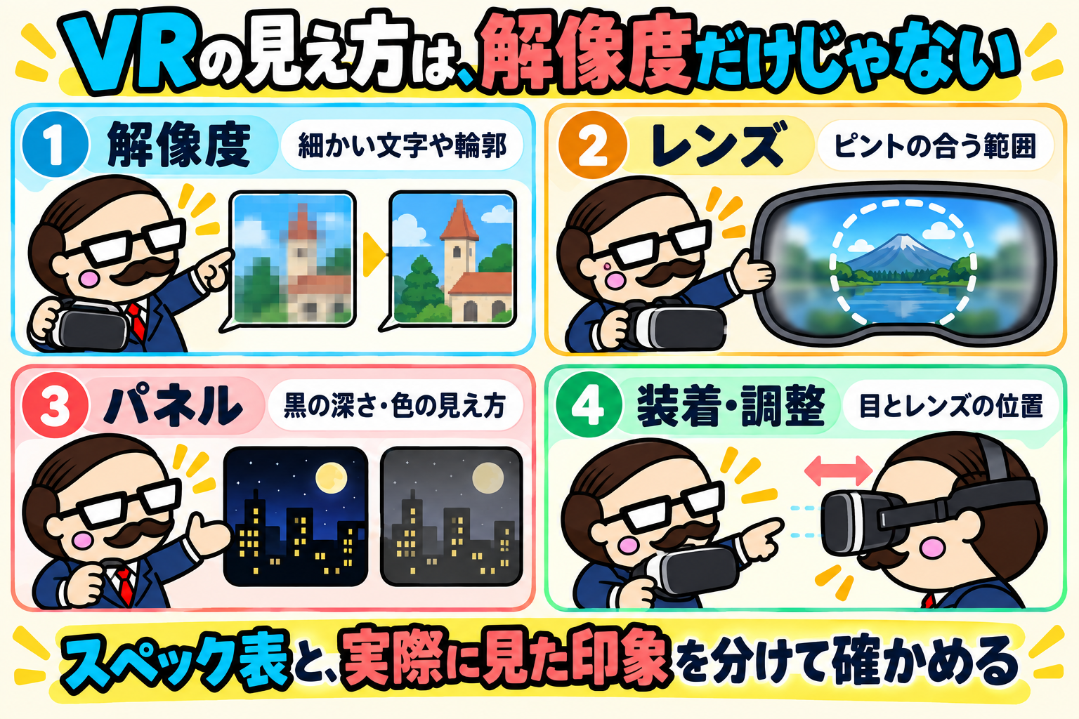 VRの見え方を左右する解像度、レンズ、パネル、装着と調整の4要素を示した模式図。