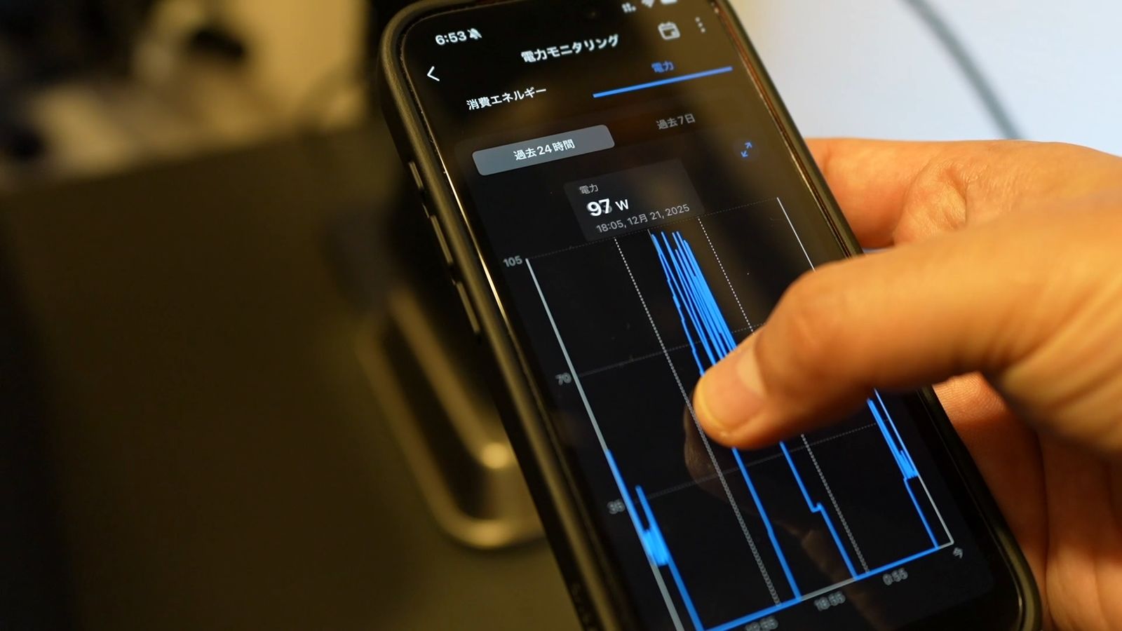 スマートフォンのアプリで見た消費電力のグラフ