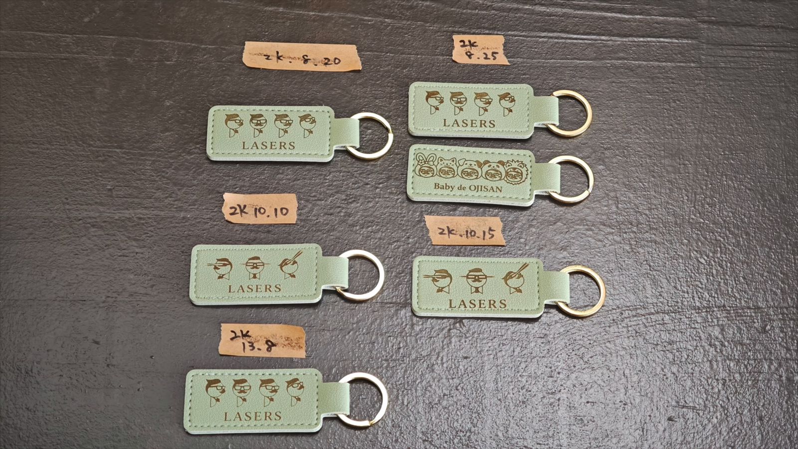 設定値のメモを付けたターコイズ色の革のキーホルダー