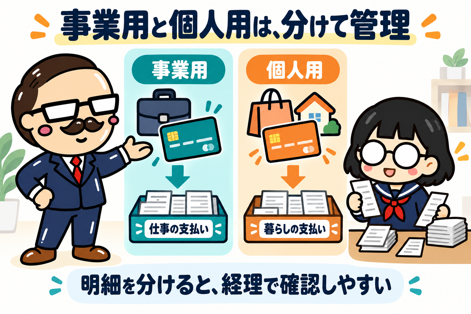 社長と女の子が事業用と個人用のカード・明細を分け、経理で確認しやすくする図。