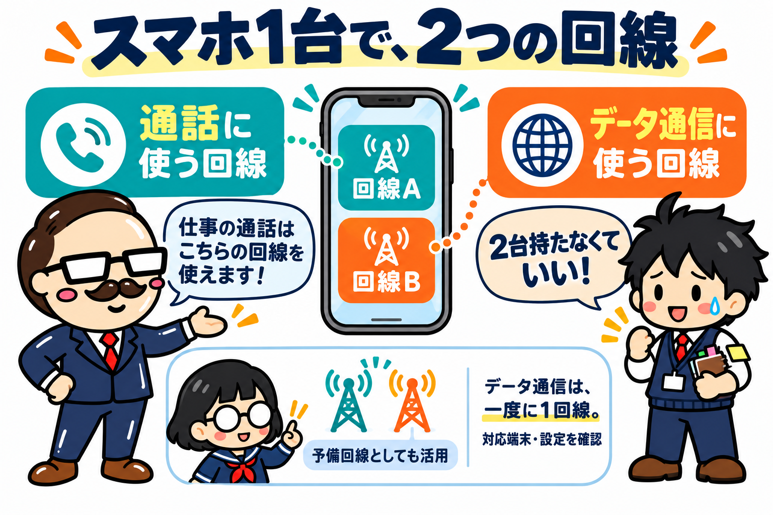 スマートフォン1台の2回線を通話用とデータ通信用に分ける図。データ通信は一度に1回線。