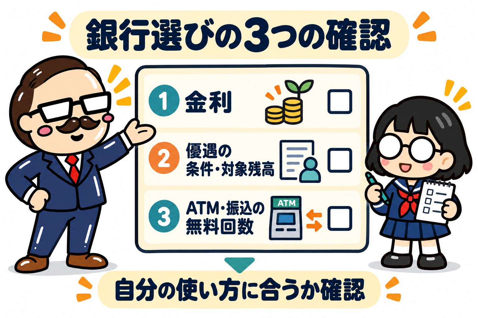 社長と女の子が、金利、優遇条件と対象残高、ATM・振込の無料回数の3点を確認する図。
