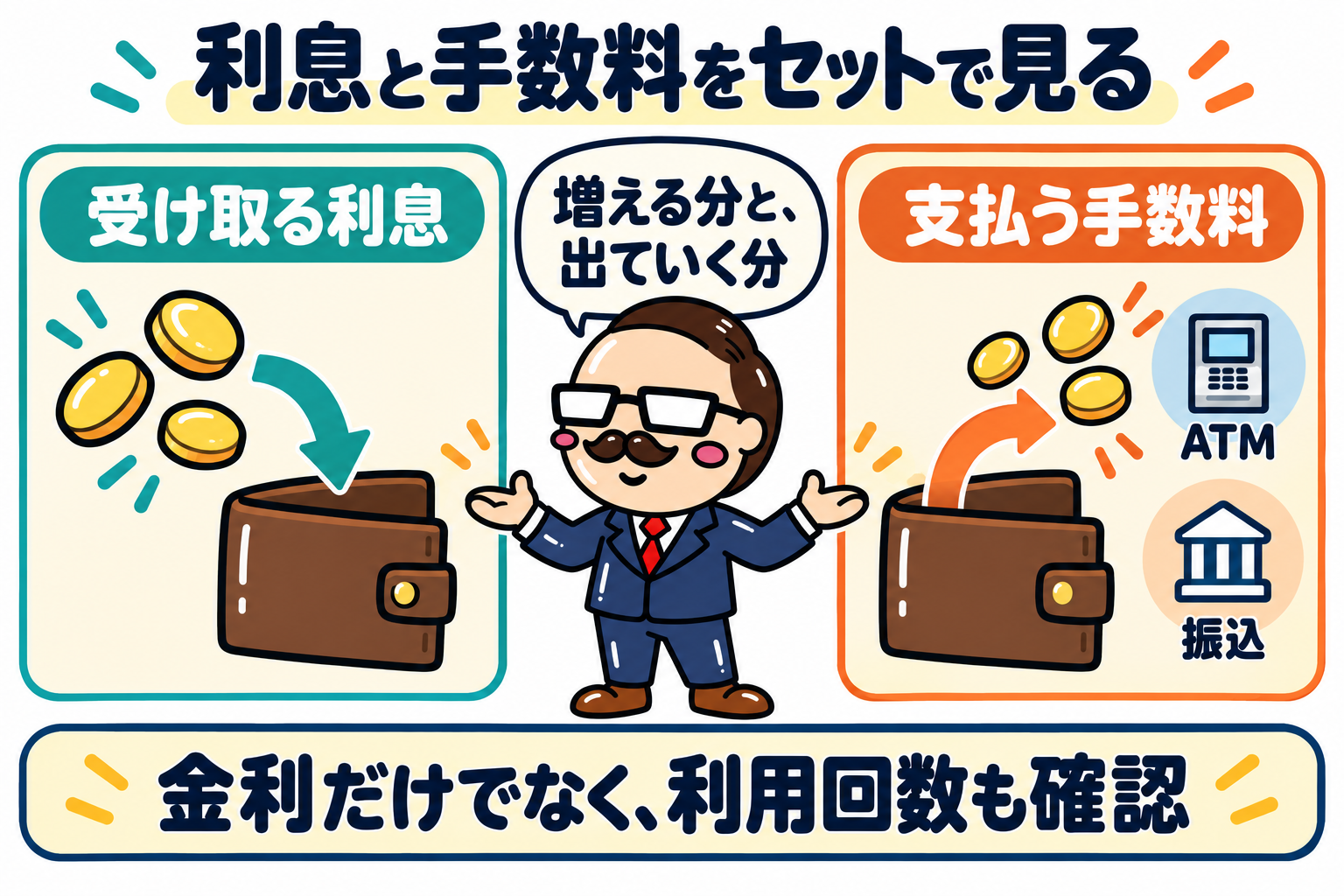 社長が、受け取る利息とATM・振込で支払う手数料の両方を確認する図。