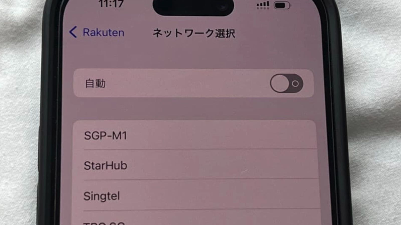 iPhoneのネットワーク選択の画面。自動がオフで、SGP-M1、StarHub、Singtelが並んでいる