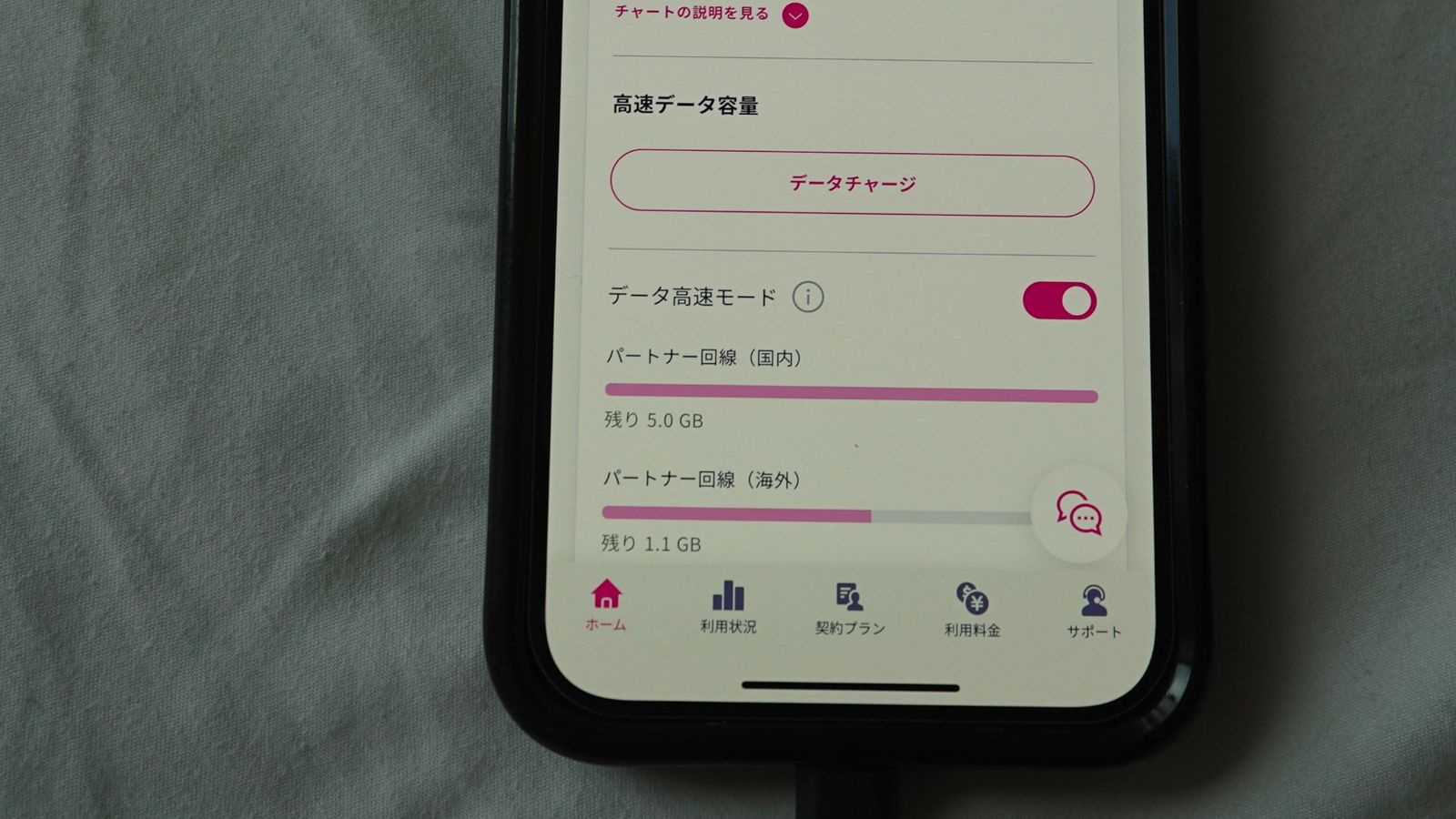楽天モバイルアプリの画面。データ高速モードのスイッチと、パートナー回線（国内）・パートナー回線（海外）の残りのデータ量