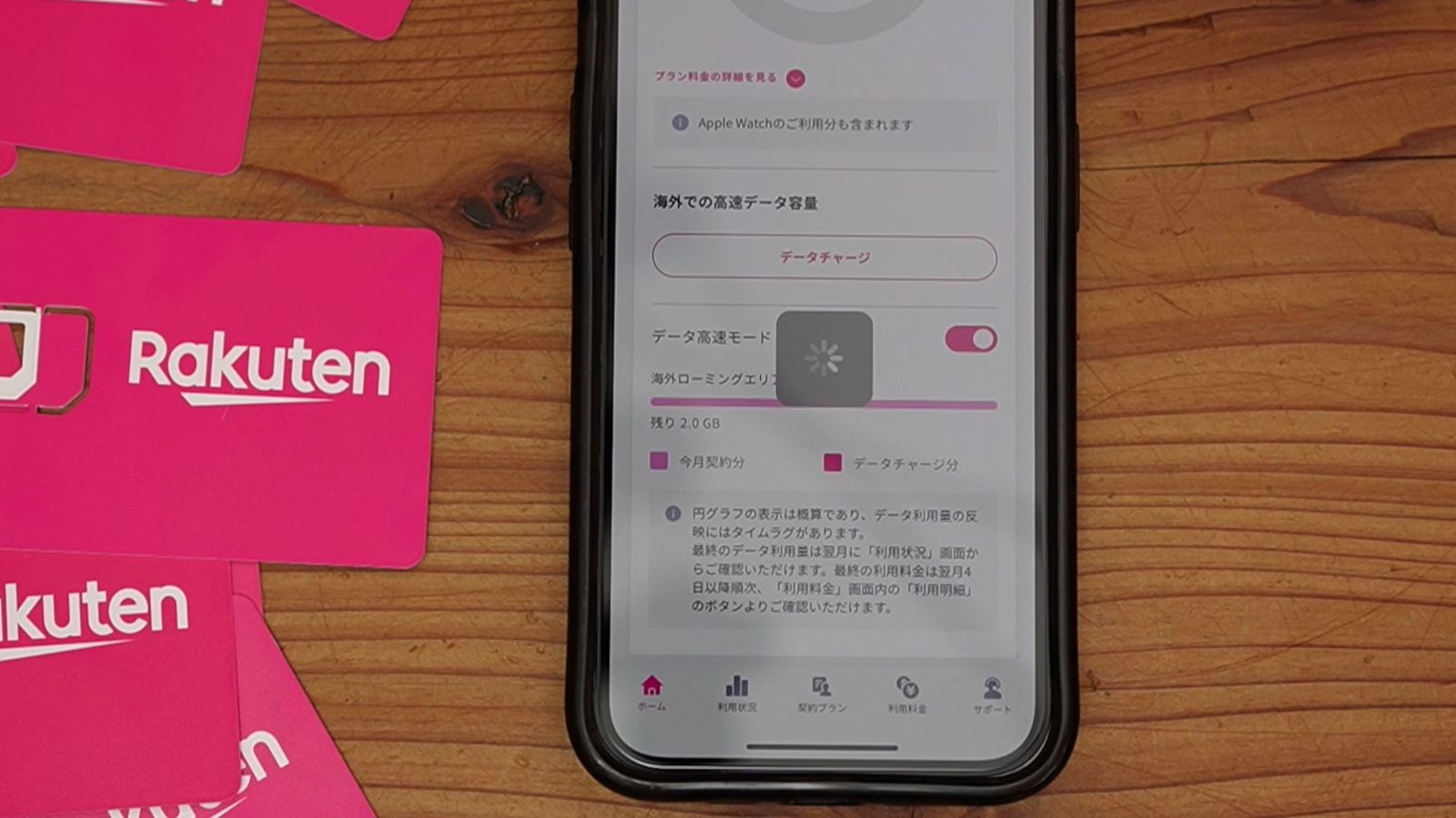 楽天モバイルアプリの「海外での高速データ容量」の画面。データ高速モードのスイッチがある