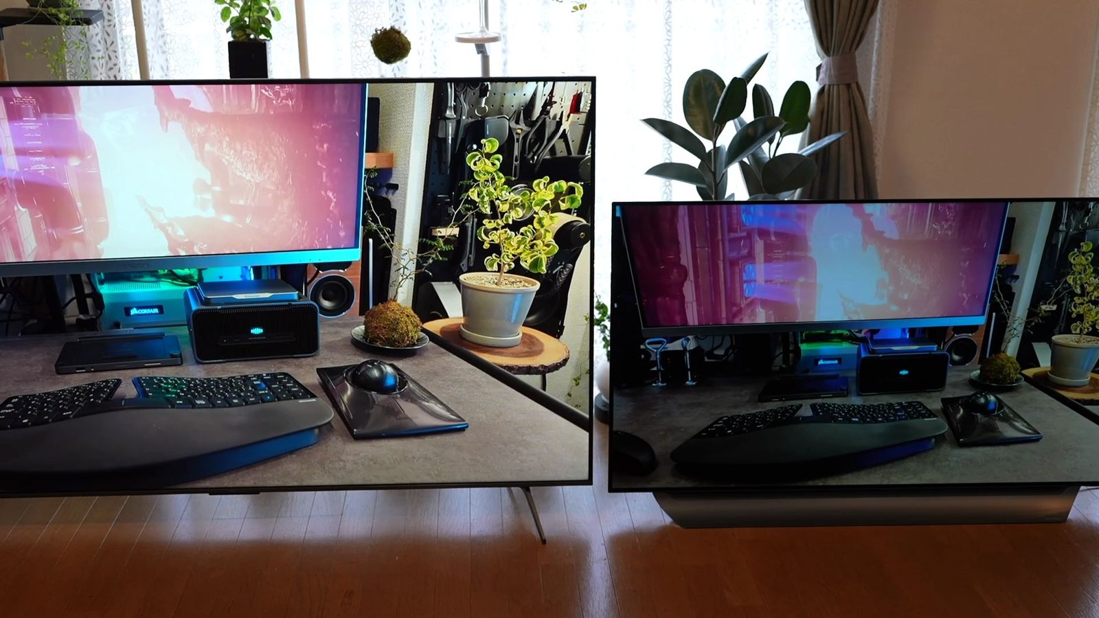 明るい部屋で、左にC6K、右に有機ELテレビを並べて同じデスクの映像を映したところ