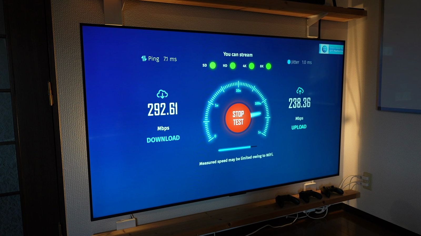 Internet Speed Testの結果画面(下り292.61Mbps・上り238.36Mbps)