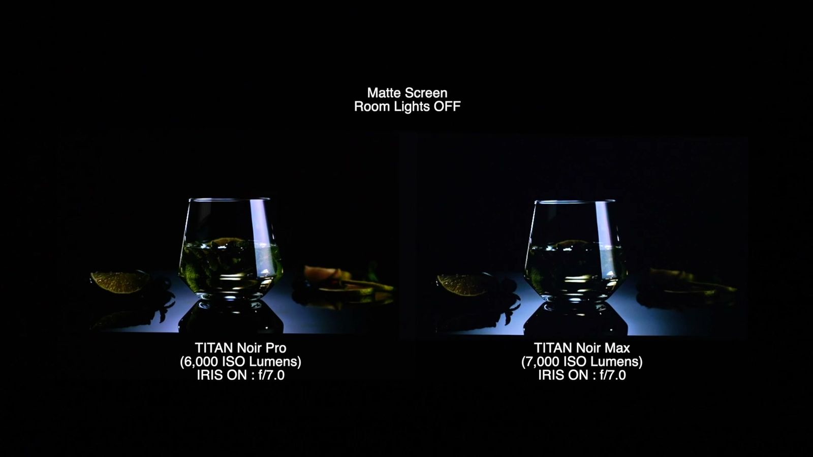 左：TITAN Noir Pro／右：TITAN Noir Max｜黒い背景の中央に被写体・アイリスオン f/7.0・照明オフ