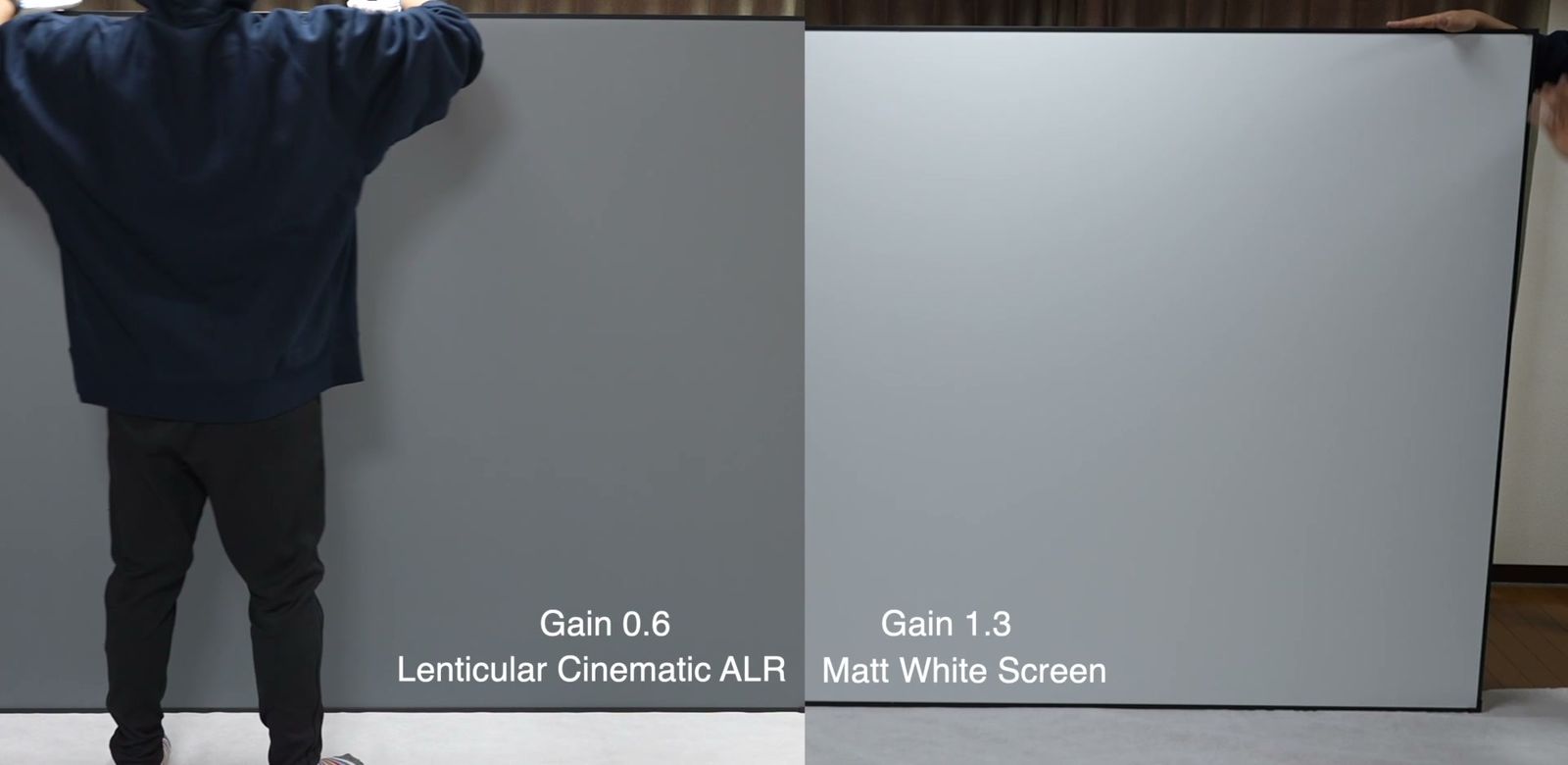左がGain 0.6のレンチキュラーALR、右がGain 1.3のマットスクリーン(文字入り)