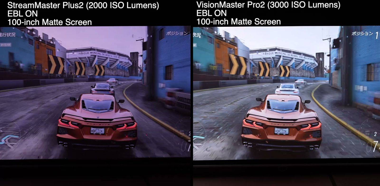 100インチのマットスクリーンでStreamMaster Plus2とVisionMaster Pro2の映像を比較