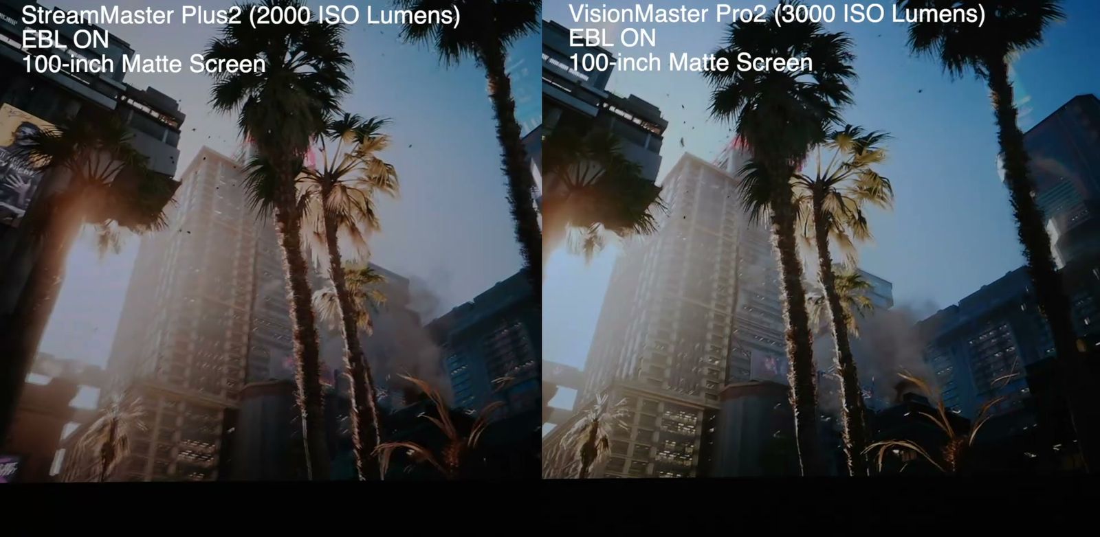 100インチのマットスクリーンでStreamMaster Plus2とVisionMaster Pro2の映像を比較