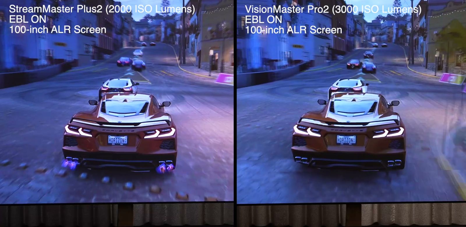 100インチのALRスクリーンでStreamMaster Plus2とVisionMaster Pro2の映像を比較