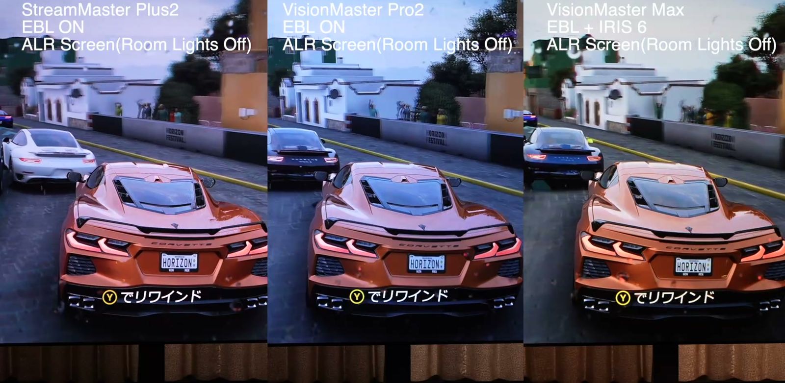 照明を消した部屋でALRスクリーンにPlus2、Pro2、Maxを並べて投影