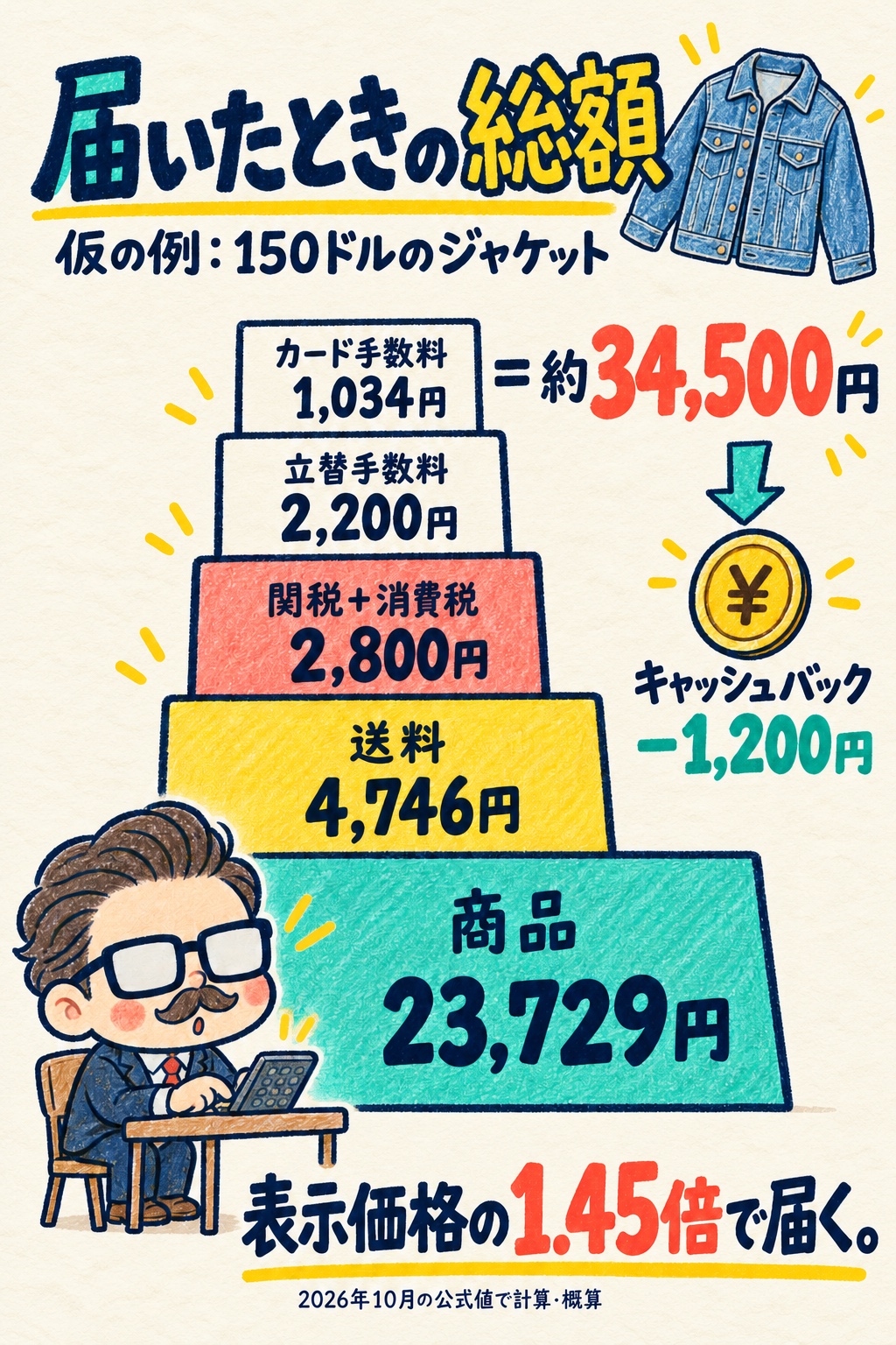 届いたときの総額の図。150ドルのジャケットの例で、商品23,729円、送料4,746円、関税と消費税2,800円、立替手数料2,200円、カード手数料1,034円を積み上げて約34,500円。キャッシュバックで1,200円戻る。
