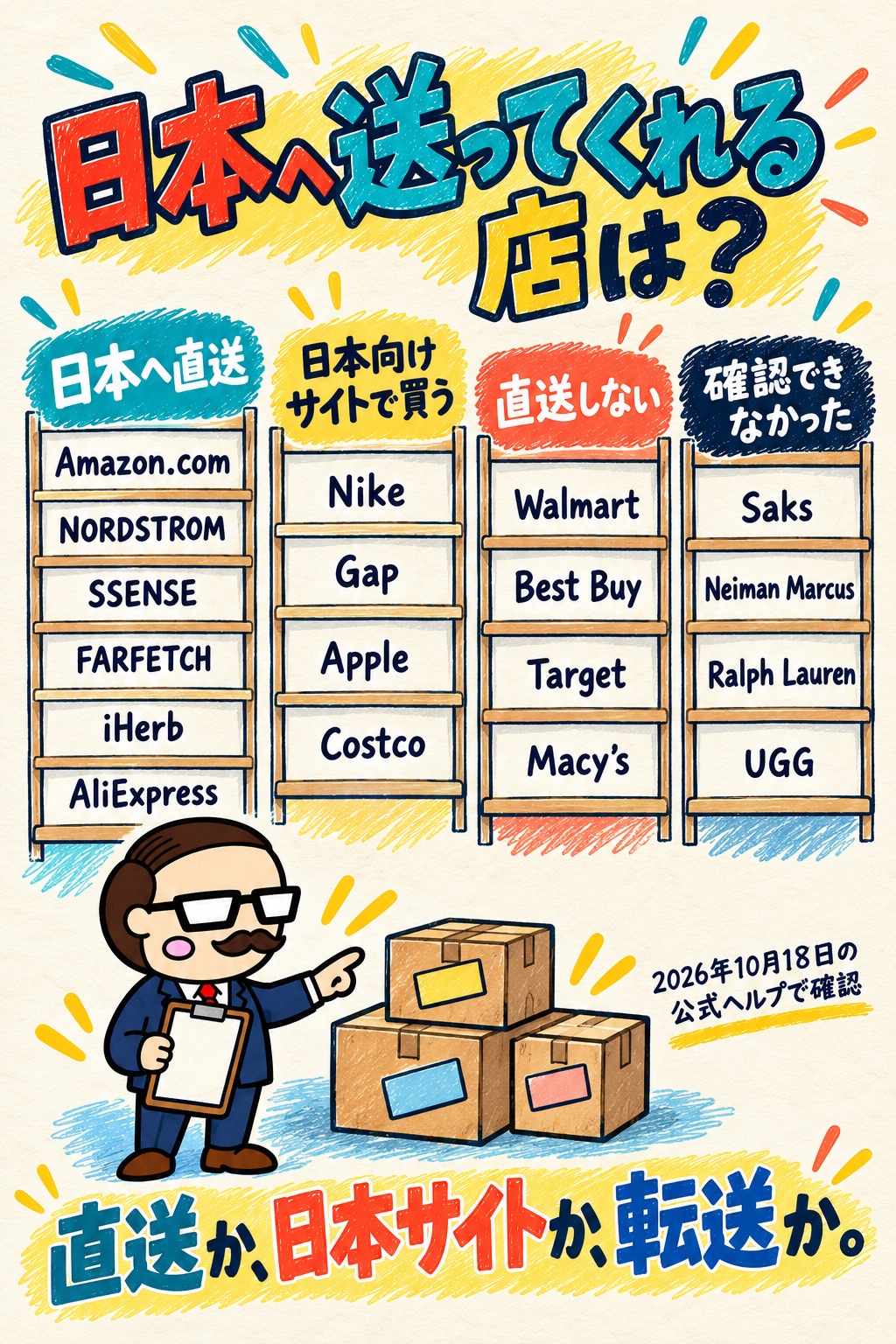 日本へ送ってくれる店の仕分け図。日本へ直送はAmazon.com・NORDSTROM・SSENSE・FARFETCH・iHerb・AliExpress、日本向けサイトで買うはNike・Gap・Apple・Costco、直送しないはWalmart・Best Buy・Target・Macy's、確認できなかったはSaks・Neiman Marcus・Ralph Lauren・UGG。2026年10月18日の公式ヘルプで確認。