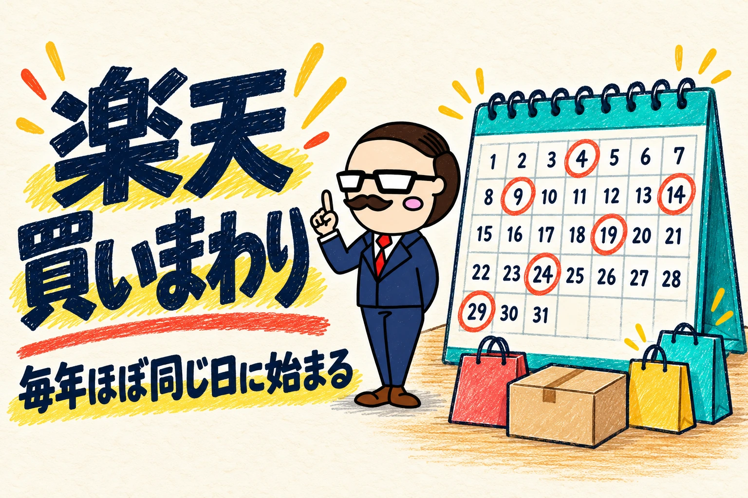 楽天の買いまわりは毎年ほぼ同じ日に始まる。卓上カレンダーの4・9・14・19・24・29日に赤い丸。社長が人差し指を立てている。